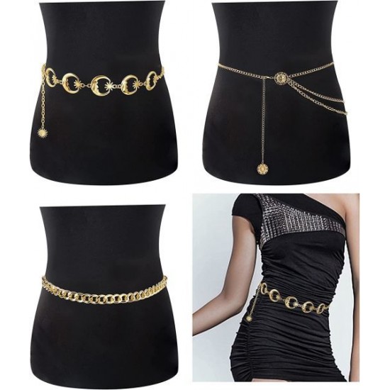 3Pieces Chain Belts For Women Metal Belt Chain Waist Adjustable Body Waist Chain Belly Chain For Dress 3Pieces Chain Belts For Women Metal Belt Chain Waist Adjustable Body Waist Chain Belly Chain For Dress